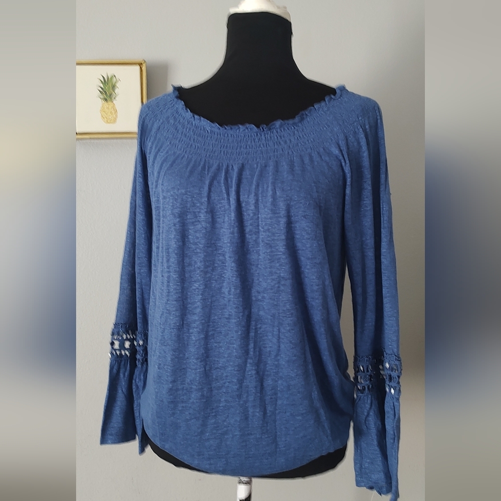 INC International Concepts Blue Smocked Long Sleeve Blouse